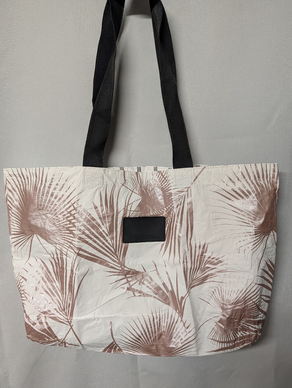 ALOHA Collection Reversible Tote Rose Gold Palm Print/ Black + White Stripe NWOT